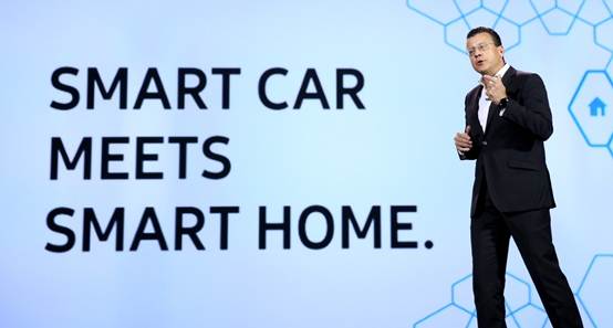 BMW'S Steven Althaus presents a first at CES 2016: a customer-ready solution of Smart Things integration available today - Smart Car meets Smart Home, Thursday, Jan. 7, 2016, in Las Vegas. Your BMW is now a personal IoT cockpit allowing you to control your Samsung ecosystem from your car. (Isaac Brekken/AP Images for Samsung)